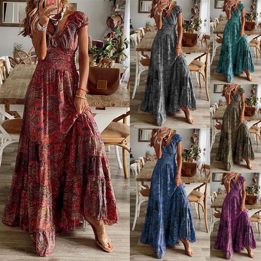 2022 European and American foreign trade new West Mia retro dress long dress waist floral print big swing dress