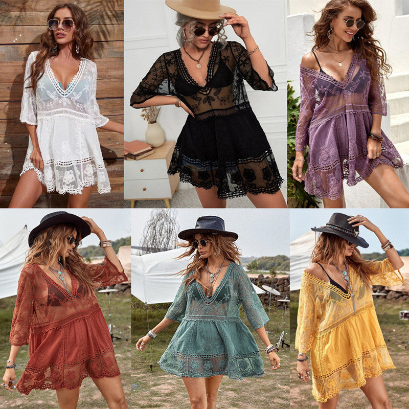 2022 new European and American lace embroidery and cotton beach blouse sexy deep V-neck sunscreen shirt bikini blouse