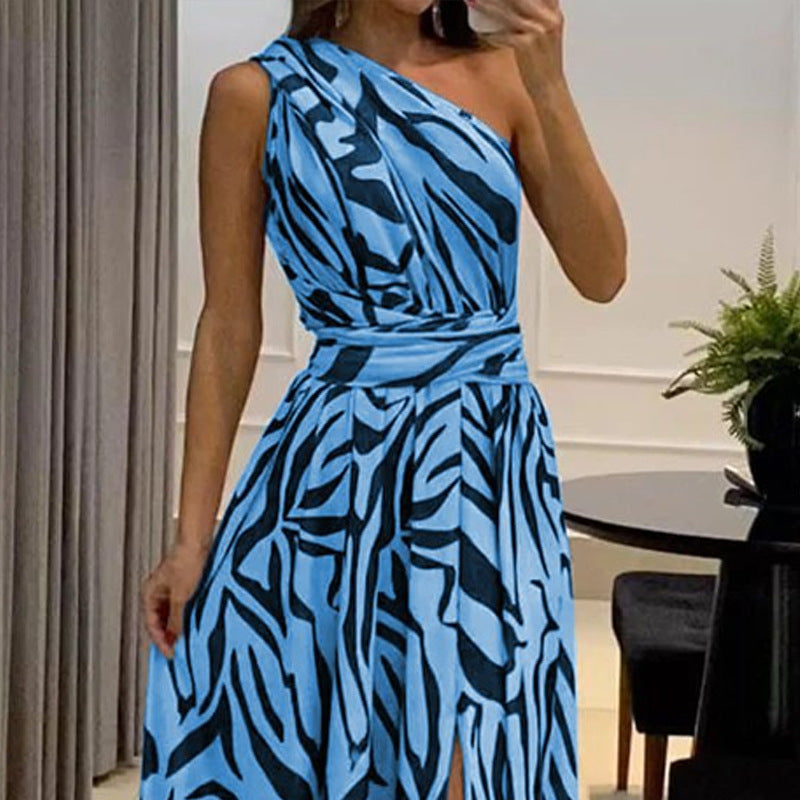 2023 summer new cross-border independent station women's sexy open back one shoulder sleeveless printed long dress 8087