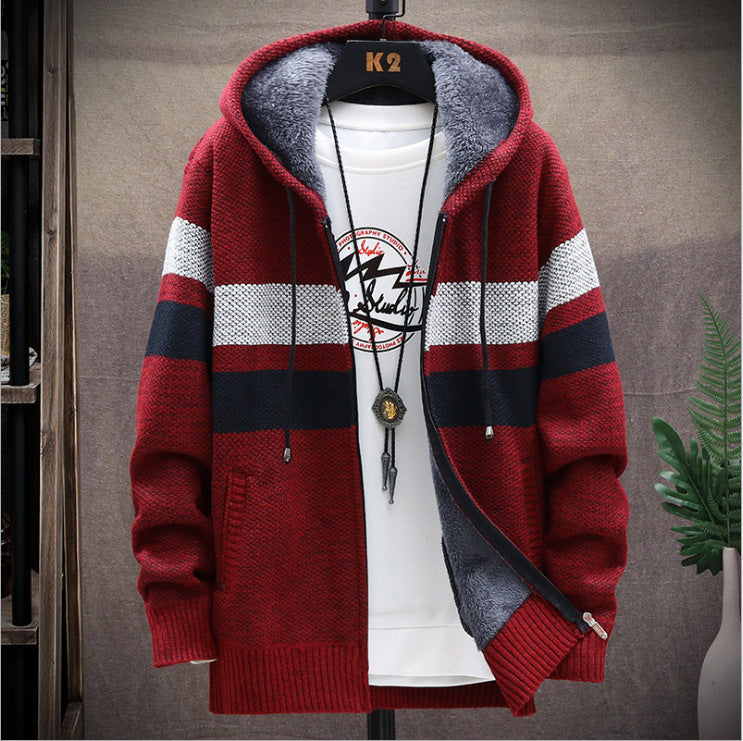 2022 autumn new men's fleece thickened color matching hooded sweater jacket