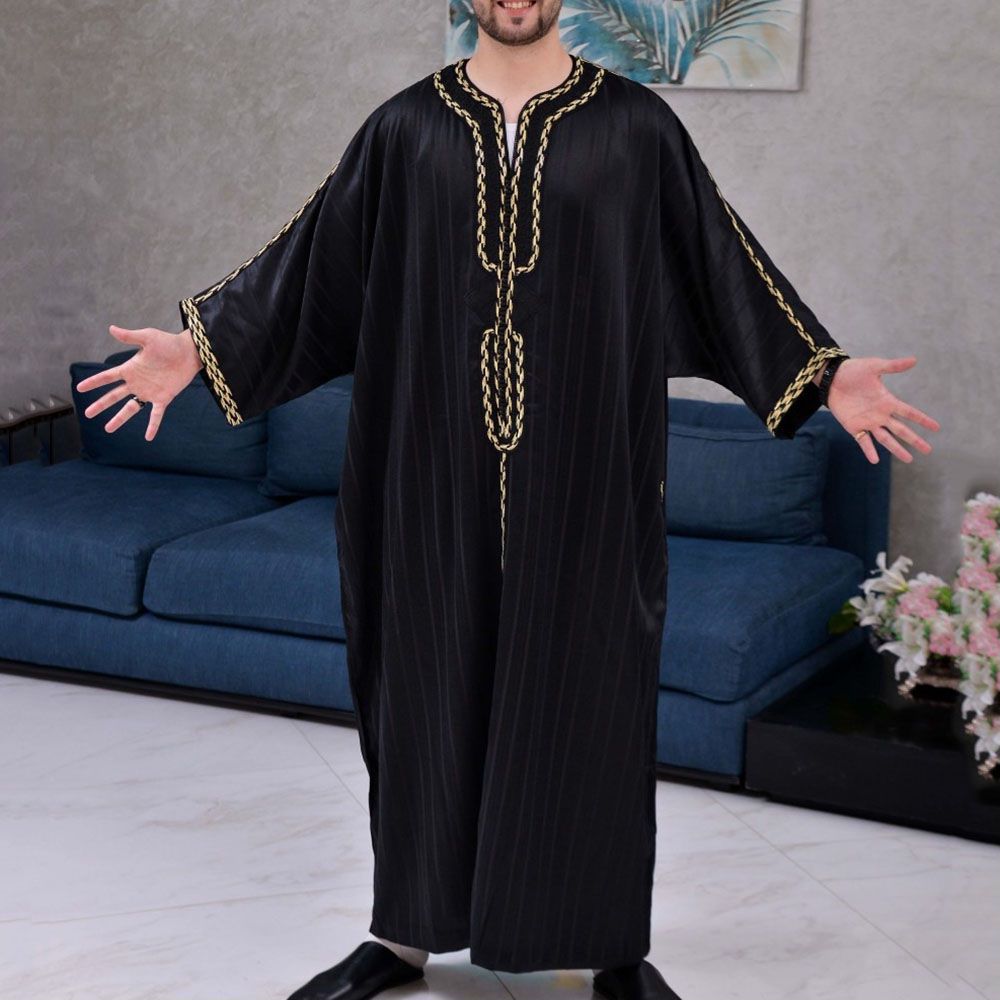 2022 cross-border AliExpress new Muslim robe ethnic style jumpsuit loose casual V-neck sleeve men's clothing