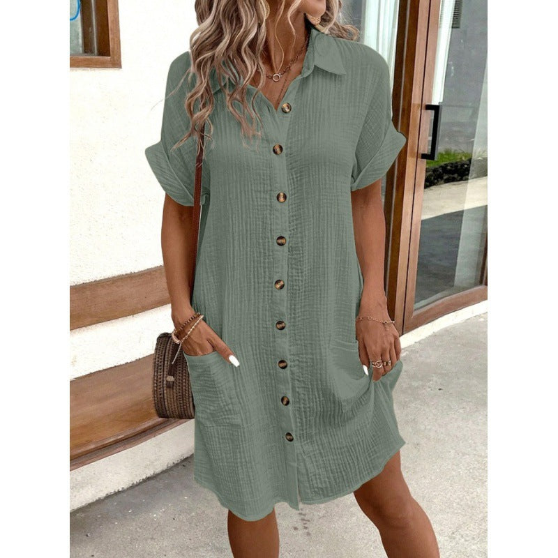 2024 AliExpress Wish Amazon Hot Sale Summer Simple V-neck Button Cotton and Linen Dress Women's Shirt Dress