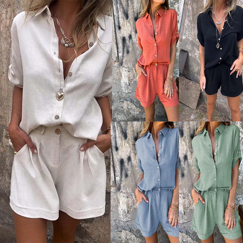 2024 European and American AliExpress Amazon TEMU cross-border spring and summer new cotton and linen short-sleeved shorts casual suits for women