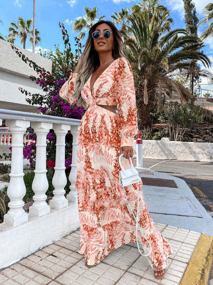 2023 Amazon European and American Fashion Women's Spring New Long Printed V-neck Long-sleeved Temperament Dress