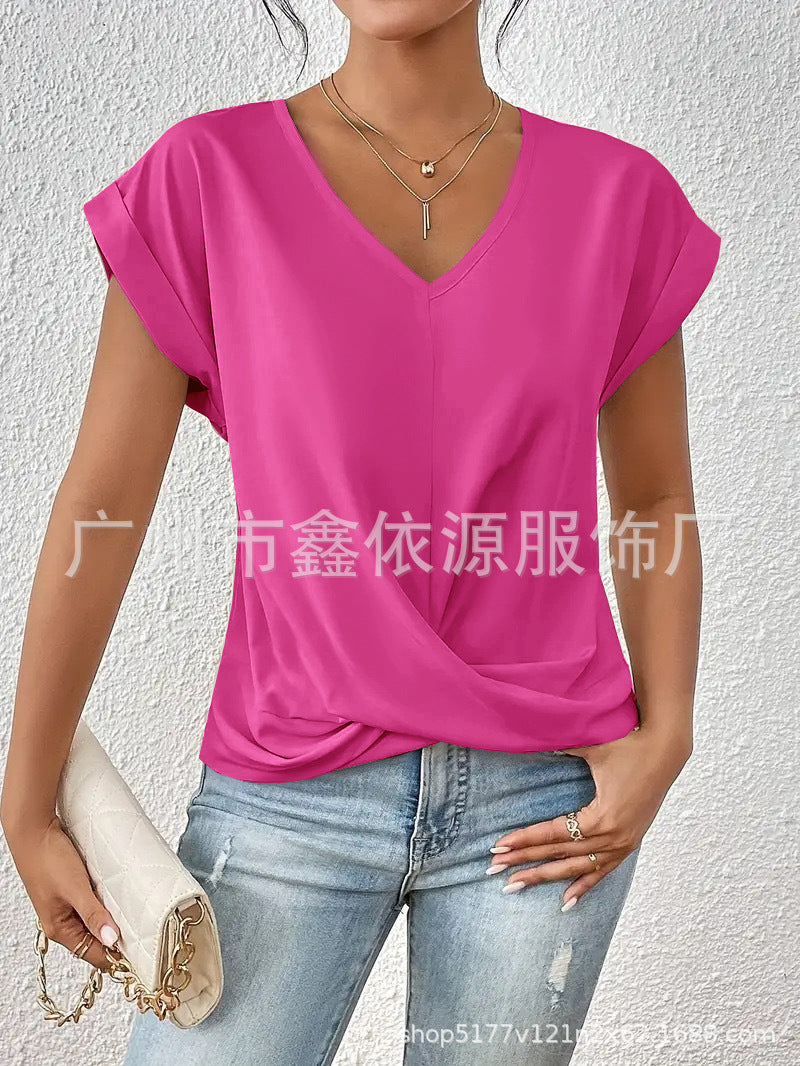 2024 Amazon cross-border hot-selling solid color V-neck T-shirt elegant short-sleeved top spring and summer women's clothing Amazon cross-border