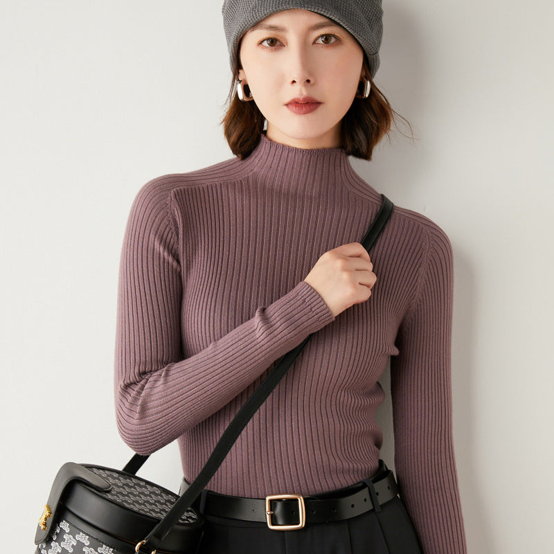 2024 autumn and winter knitted sweater half turtleneck drawstring slim wool bottoming sweater women's foreign trade one piece dropshipping