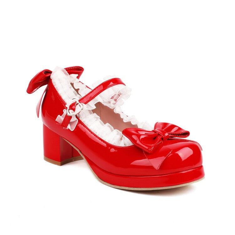 2023 new Lolita shallow mouth single shoes ruffled bow shiny leather mid-heel women's shoes size 3048