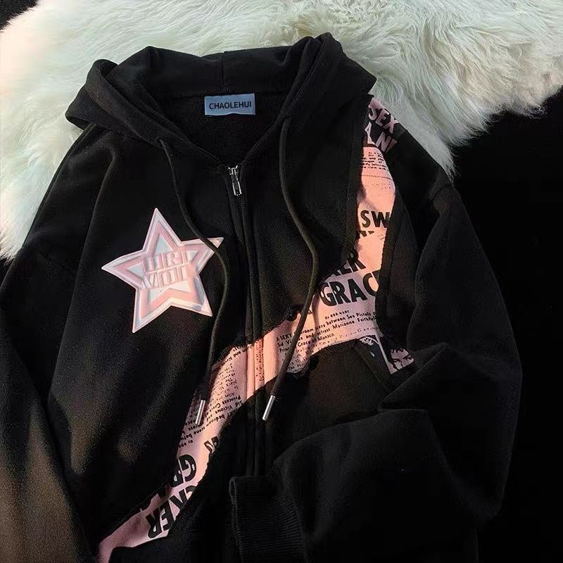 [24-hour delivery] Escape from the Earth American street style star letter print splicing cardigan sweatshirt women's trendy brand