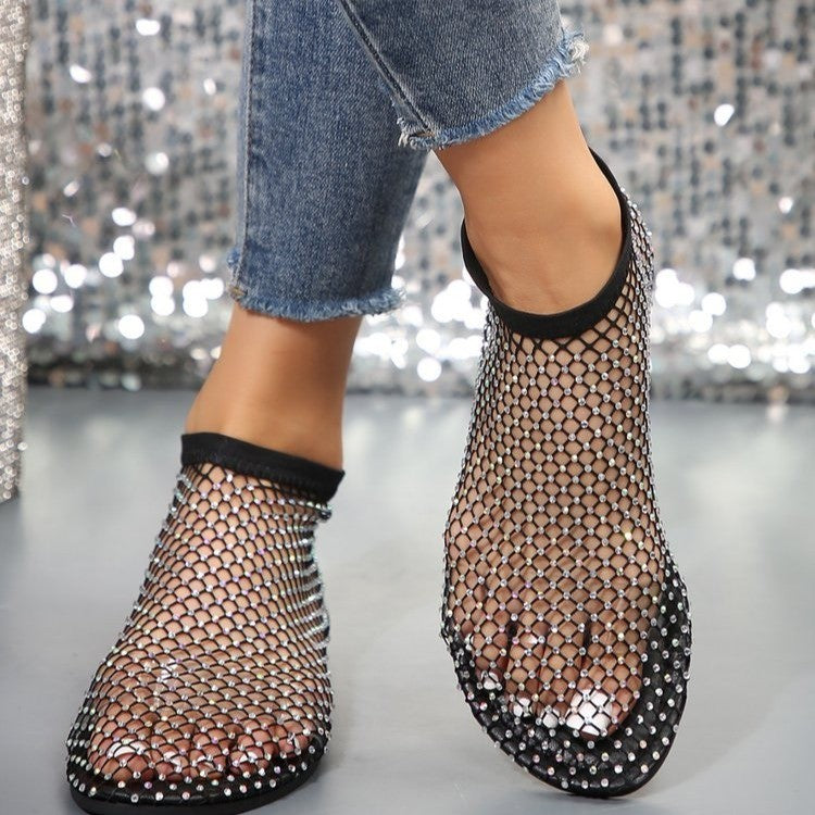 2024 spring and summer new foreign trade large size women's flat sandals broken diamond fashion European and American style fishnet solid color women's shoes