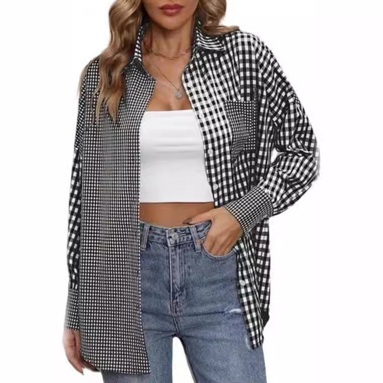 2023 Amazon women's spring and summer new cross-border European and American foreign trade ladies' fashion loose casual plaid shirt