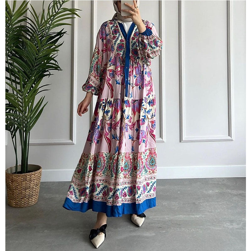 2023 new color contrast dress cross-border dress women's long-sleeved stand-up collar printed large swing skirt national long skirt