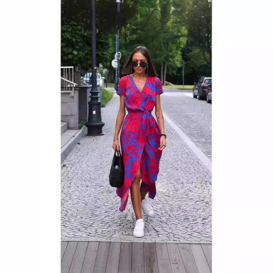 2024 European and American women's clothing cross-border foreign trade AliExpress Amazon summer new v-neck printed lace dress