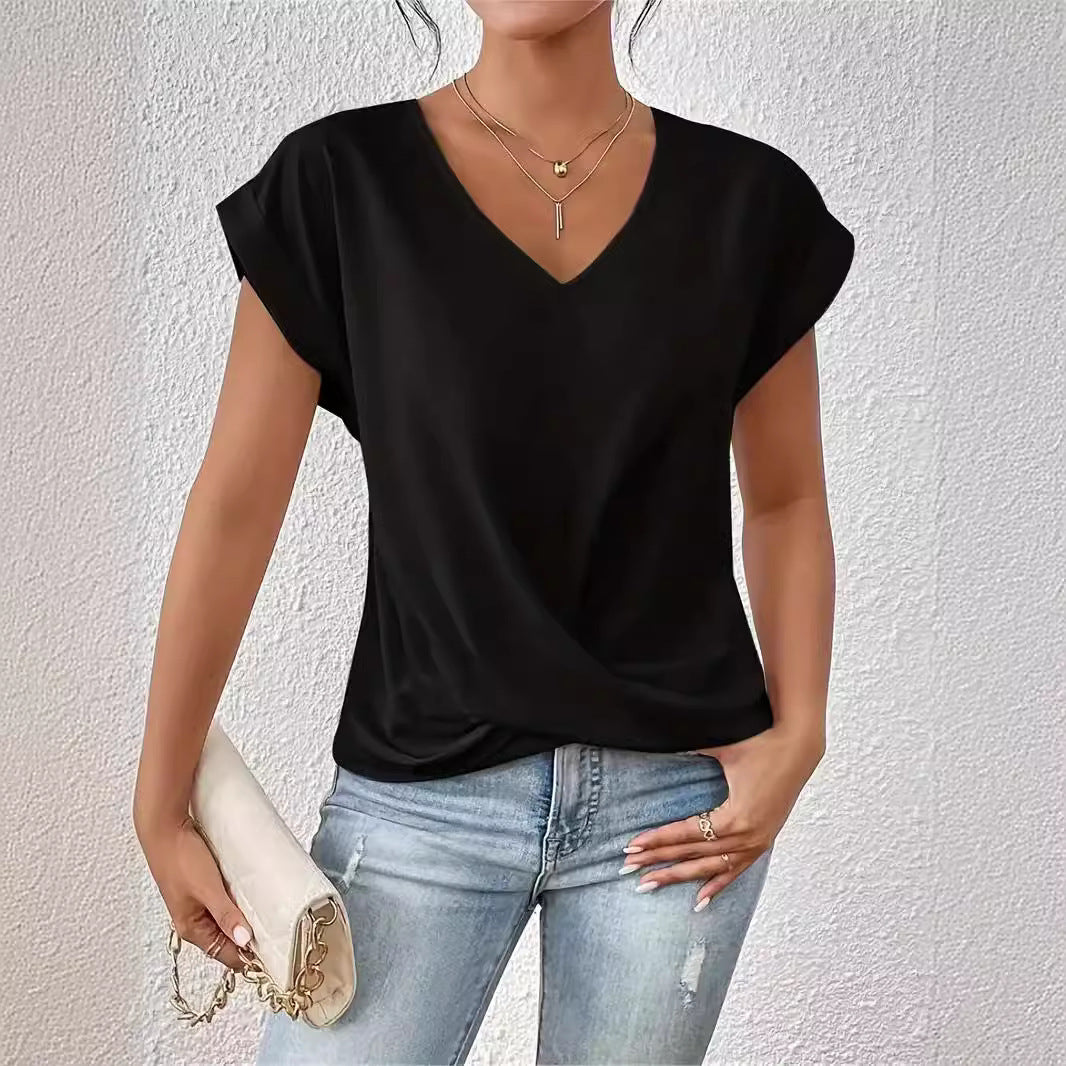 2024 Amazon cross-border hot-selling solid color V-neck T-shirt elegant short-sleeved top spring and summer women's clothing Amazon cross-border