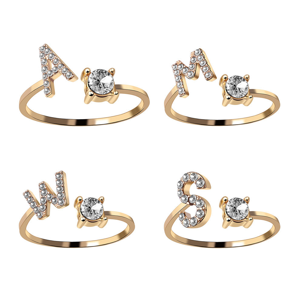 AliExpress ebay cross-border hot sale 26 letters diamond ring creative fashion open ring manufacturer spot wholesale