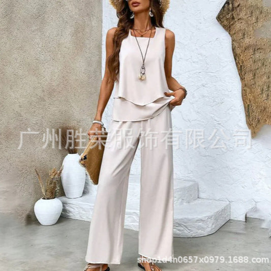 2024 new spot cross-border foreign trade European and American women's clothing independent station hot selling sleeveless double-layer vest pants suit