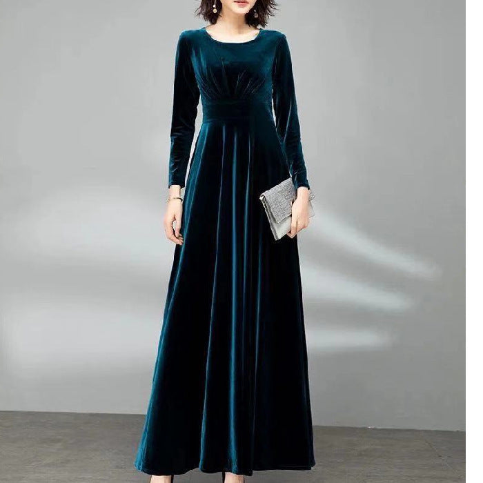 609#Real shot Good quality noble lady autumn and winter gold velvet dress waist long skirt manufacturer wholesale