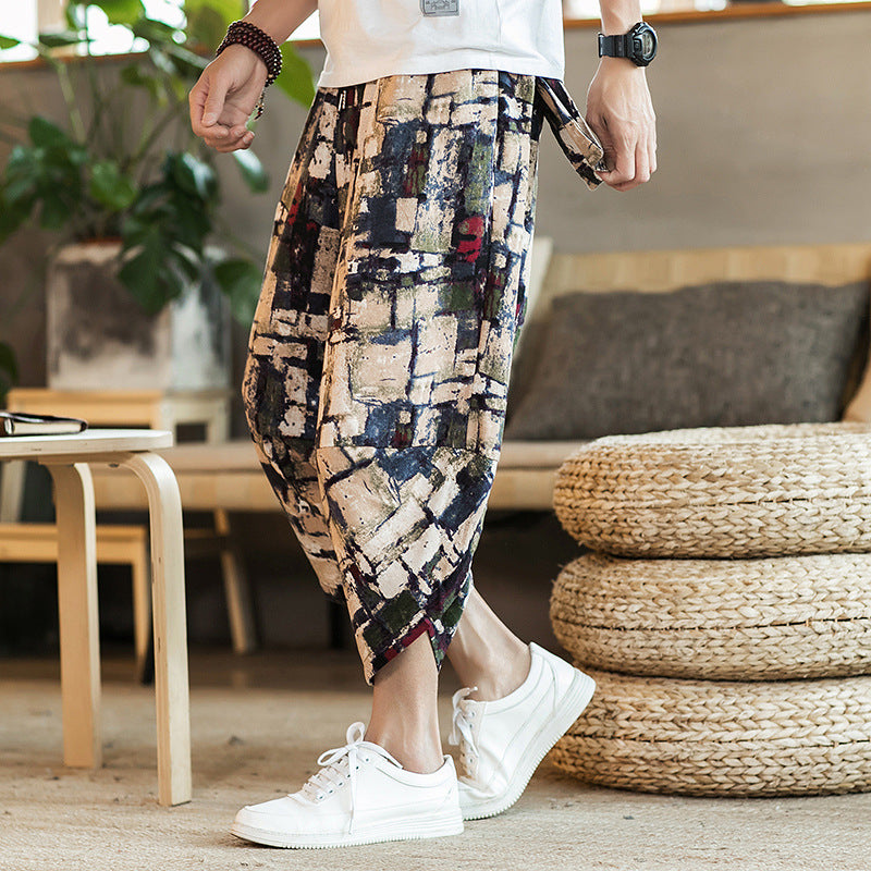 2023 summer Chinese style cotton and linen cropped pants men's ethnic style floral harem pants baggy pants large size beach pants