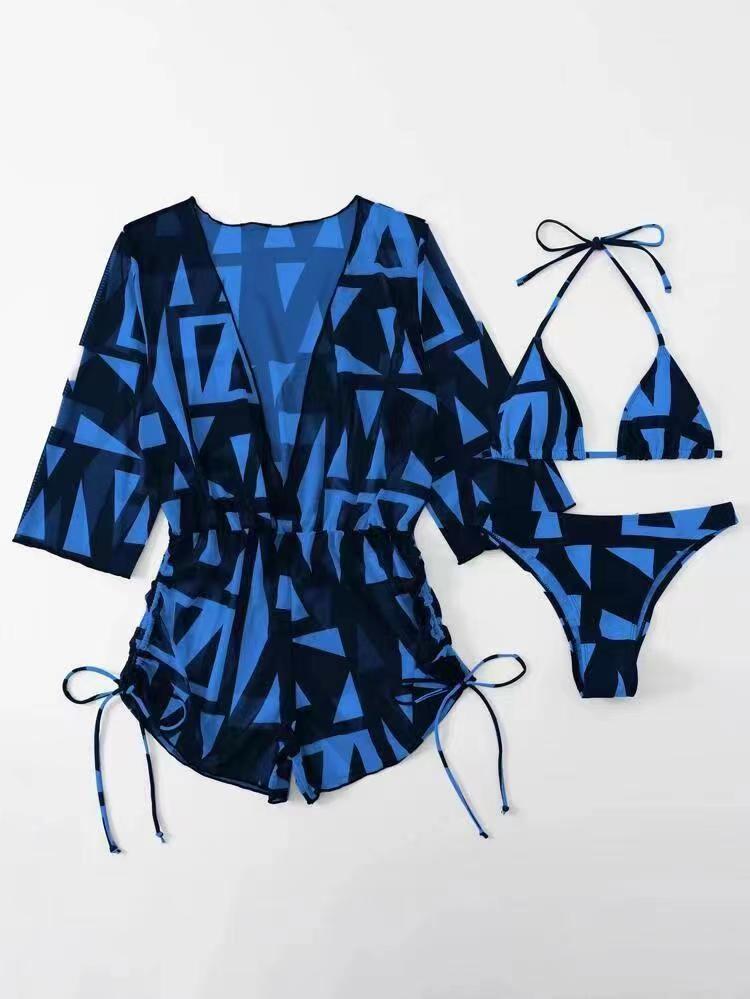 2023 European and American swimsuits for women, sexy three-piece set with temperament collar, printed waist, strappy skirt, foreign trade cross-border swimsuit