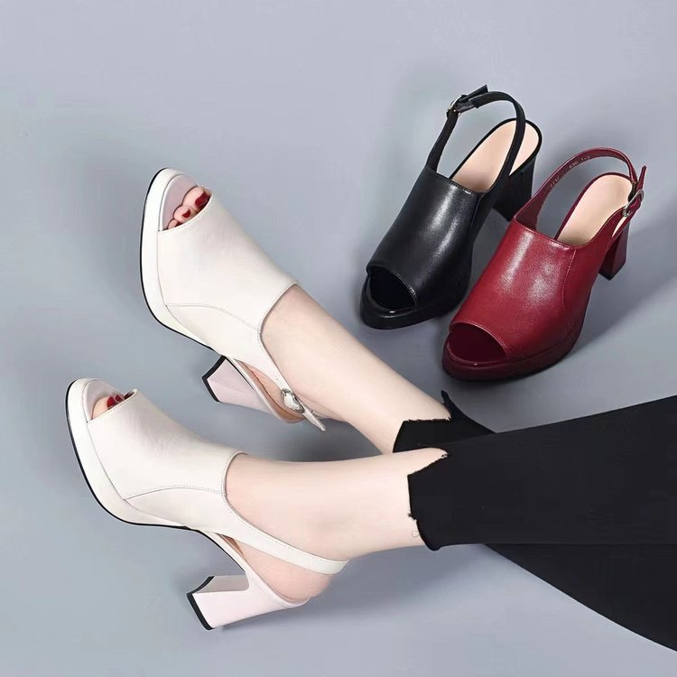 2023 new summer high-heeled sandals for women, genuine leather fish mouth hollow waterproof platform, fashionable and versatile open-toed sandals