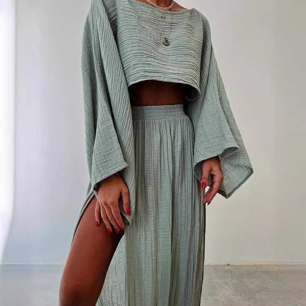 2024 casual holiday linen blended cropped top high waist chic slit cotton and linen casual two-piece suit