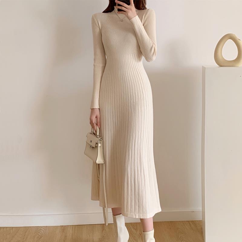 2023 new autumn and winter mid-length over-the-knee sweater skirt half turtleneck inner bottoming a-line knitted dress for women