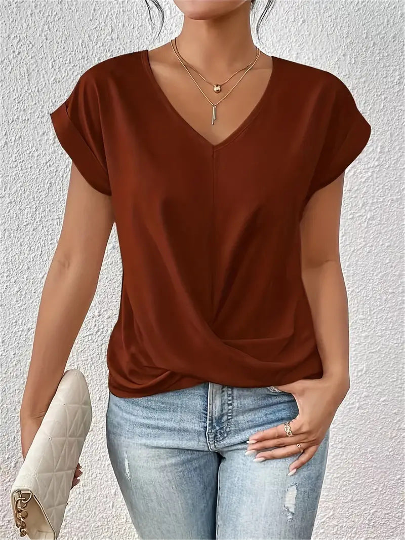 2024 Amazon cross-border hot-selling solid color V-neck T-shirt elegant short-sleeved top spring and summer women's clothing Amazon cross-border