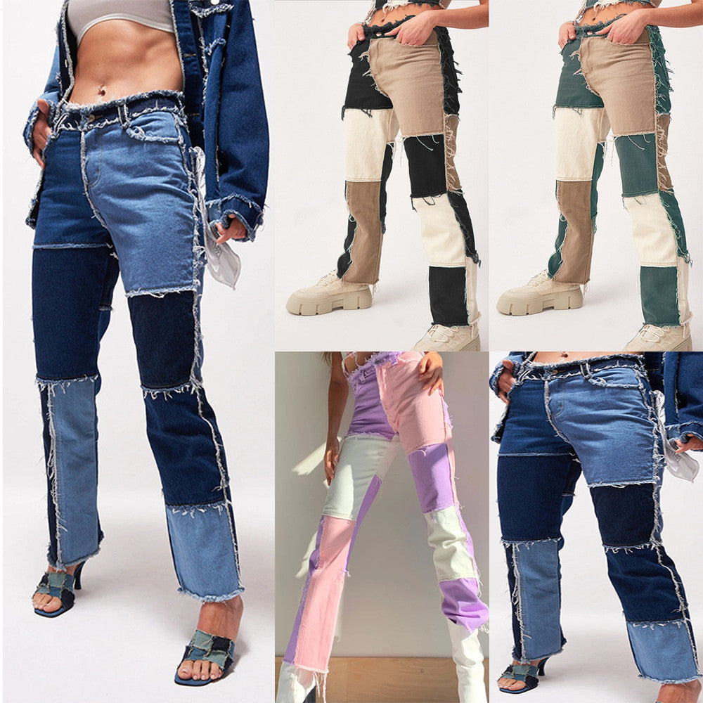 2020 hot-selling cross-border Amazon wish AliExpress eBay high elastic stitching raw edge women's straight-leg jeans