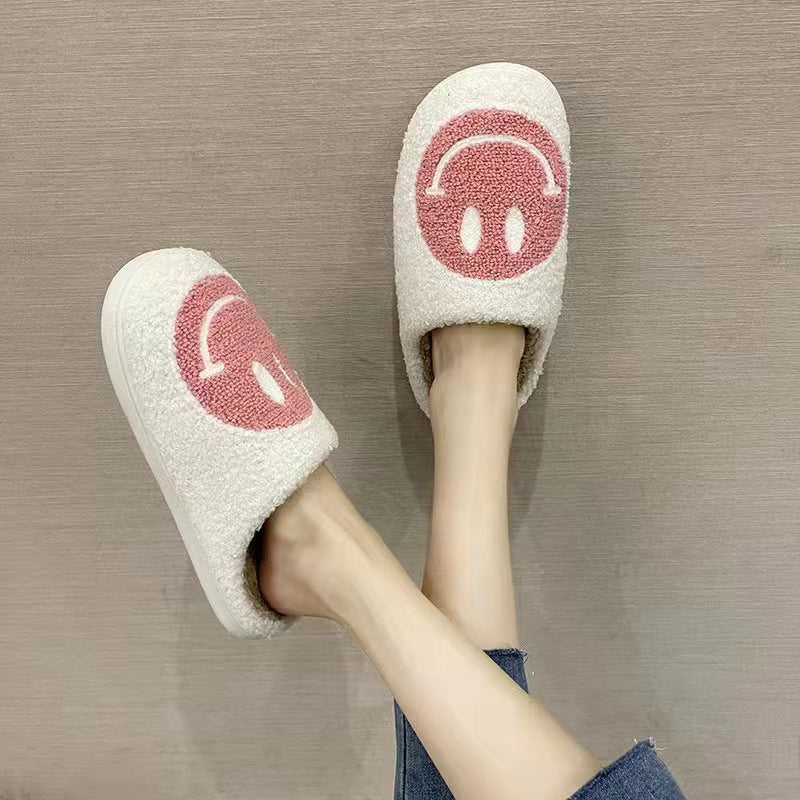 2021 New Cotton Slippers Women's Household Plush Warm Household Home Indoor Anti-slip Thick Bottom Smiley Face Hairy Autumn and Winter