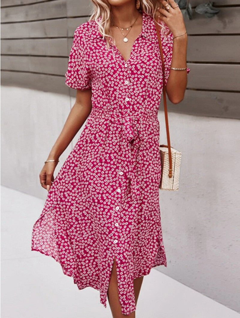 2022 Amazon Independent Station AliExpress Wish Casual Vacation Style Spring and Summer Swing Print Ribbon Dress