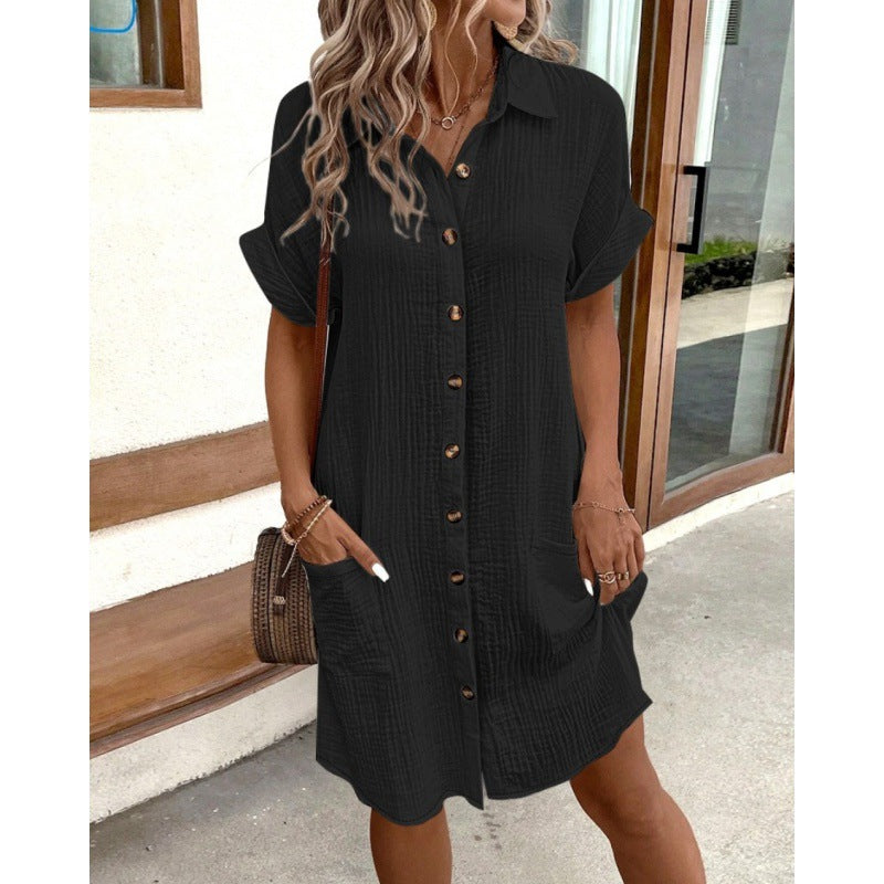 2024 AliExpress Wish Amazon Hot Sale Summer Simple V-neck Button Cotton and Linen Dress Women's Shirt Dress