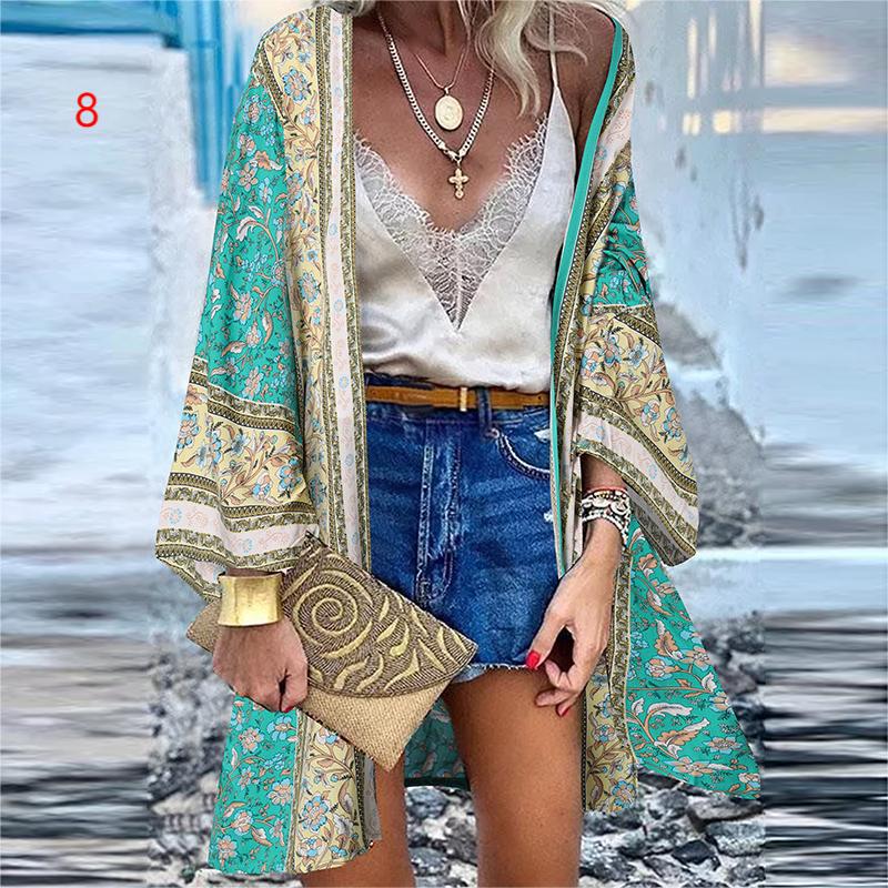 Women's 2022 Europe and America Cross Border Trendy New Casual Fashion Vacation Batwing Long Sleeve Cardigan Printed Top