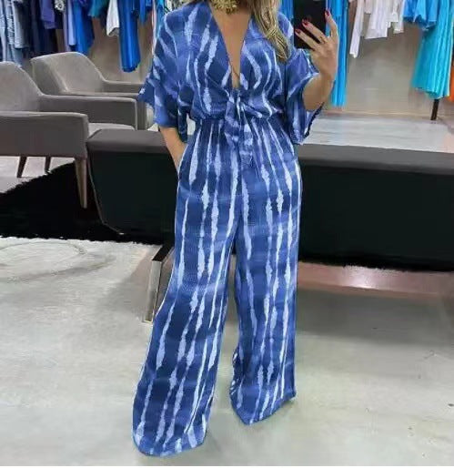 2023 European and American Fashion New Style Printed Belt V-neck Half Sleeve Jumpsuit