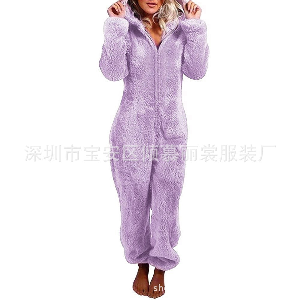 2022 new European and American autumn and winter women's clothing cross-border foreign trade plus velvet thick fur jumpsuit hooded pajamas 17 colors