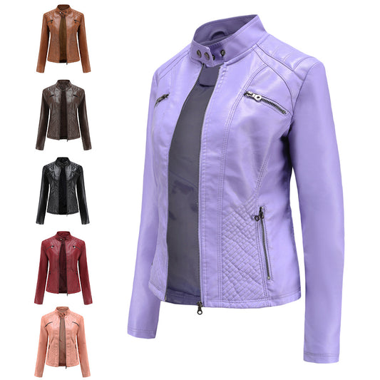 2023 new women's casual leather jacket stand collar jacket European and American slim coat women spring and autumn solid color women's leather jacket