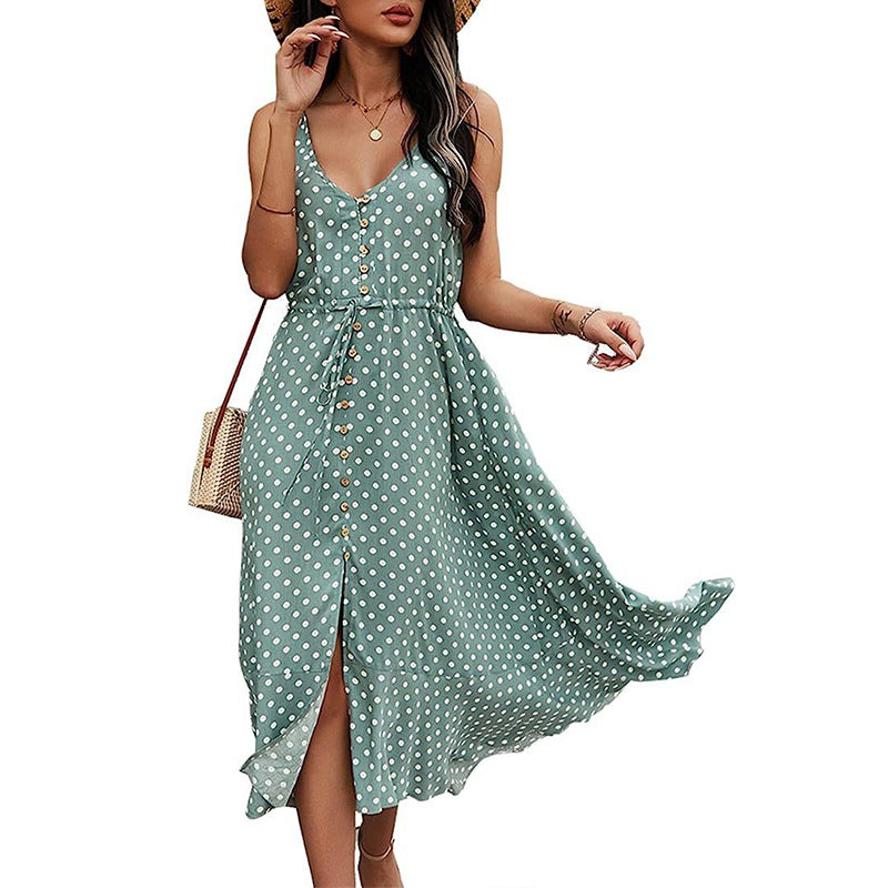 2023 summer European and American independent station Amazon vest dress women's waist slimming slit holiday polka dot long skirt