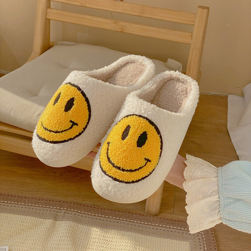 2021 New Cotton Slippers Women's Household Plush Warm Household Home Indoor Anti-slip Thick Bottom Smiley Face Hairy Autumn and Winter