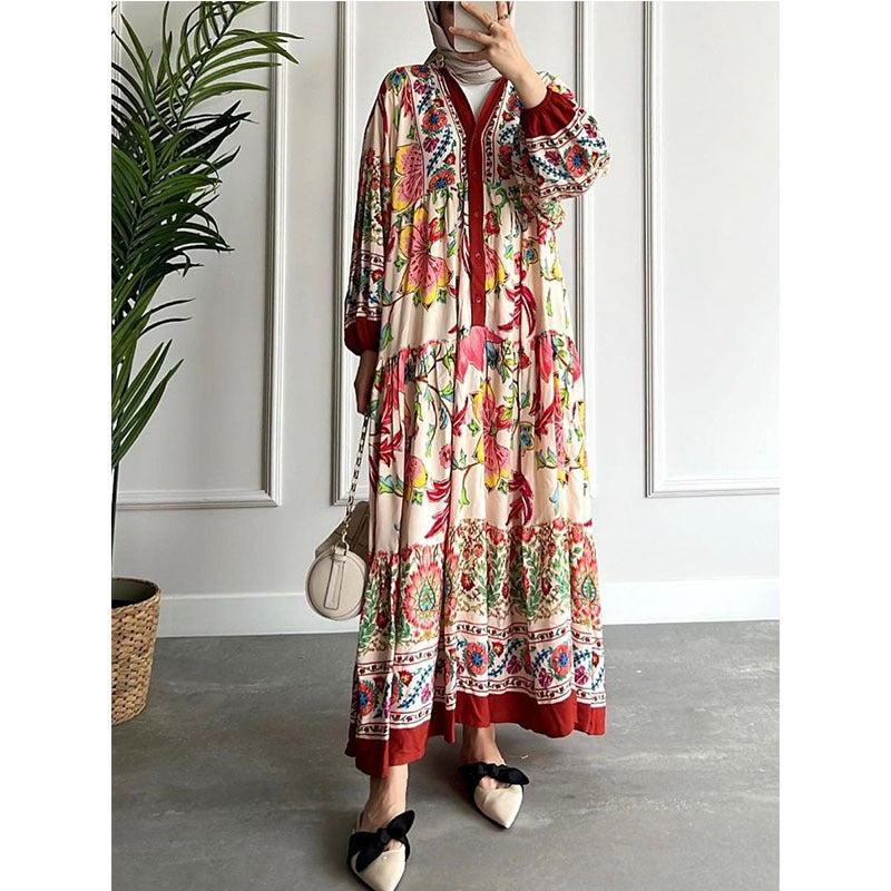 2023 new color contrast dress cross-border dress women's long-sleeved stand-up collar printed large swing skirt national long skirt