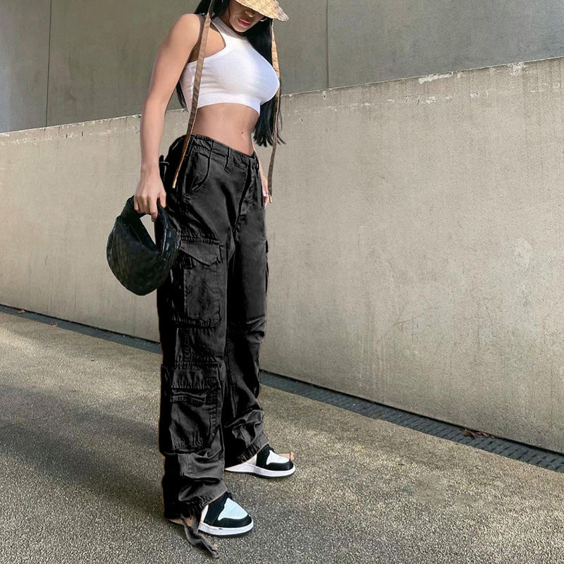 2022 autumn and winter new European and American women's tooling straight trousers high waist loose wide leg retro dad jeans women