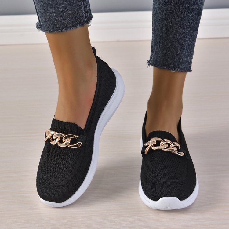 2023 summer new large size foreign trade women's shoes casual metal chain hollow breathable fly weaving lightweight sports shoes women