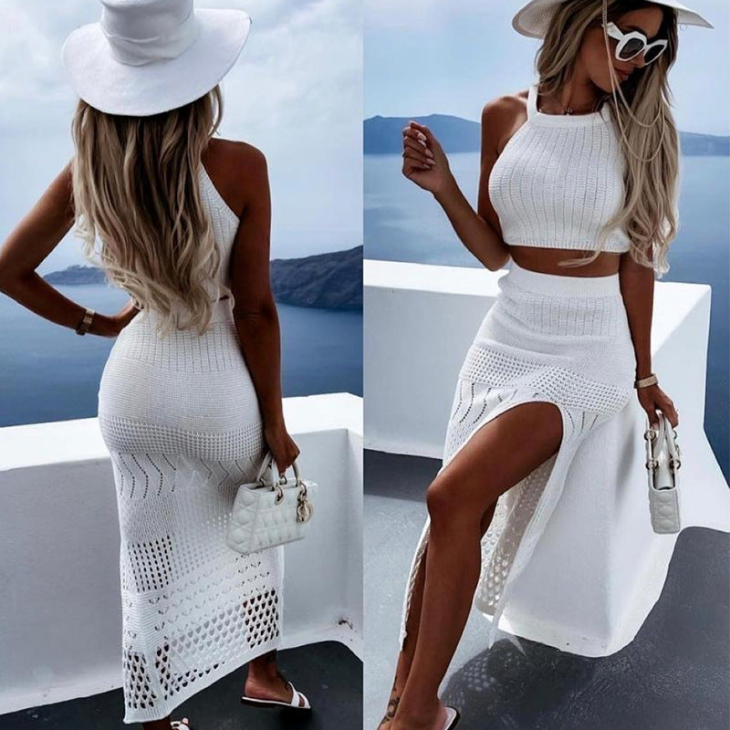 2023 European and American cross-border new women's summer short tops slit hip skirt two-piece dress