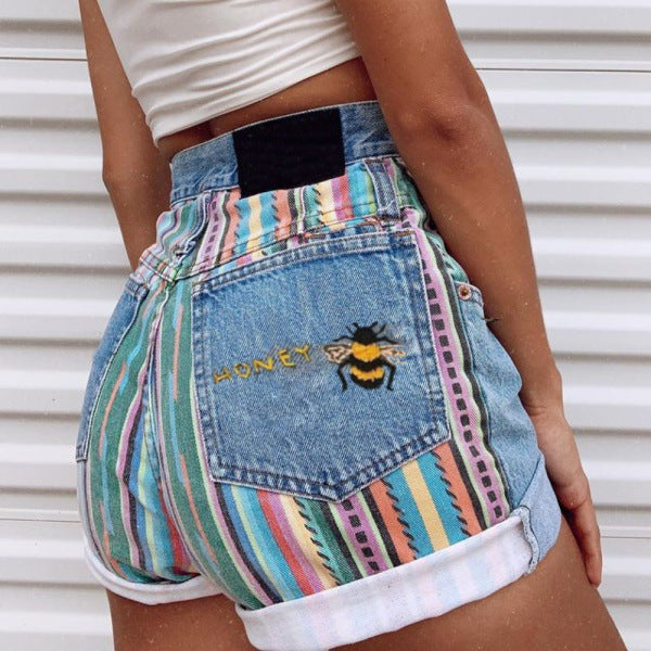 2022 new summer Korean style fashion simple casual student straight curled rainbow striped high waist denim shorts for women