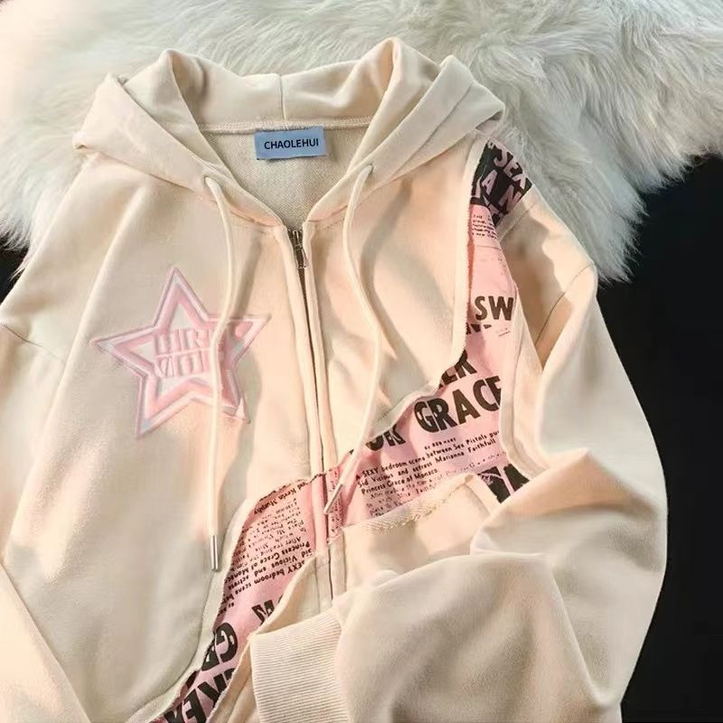 [24-hour delivery] Escape from the Earth American street style star letter print splicing cardigan sweatshirt women's trendy brand