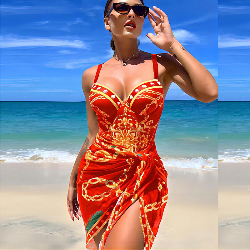 2023 European and American new one-piece swimsuit female sexy beautiful back printed bikini cover-up two-piece foreign trade bikini