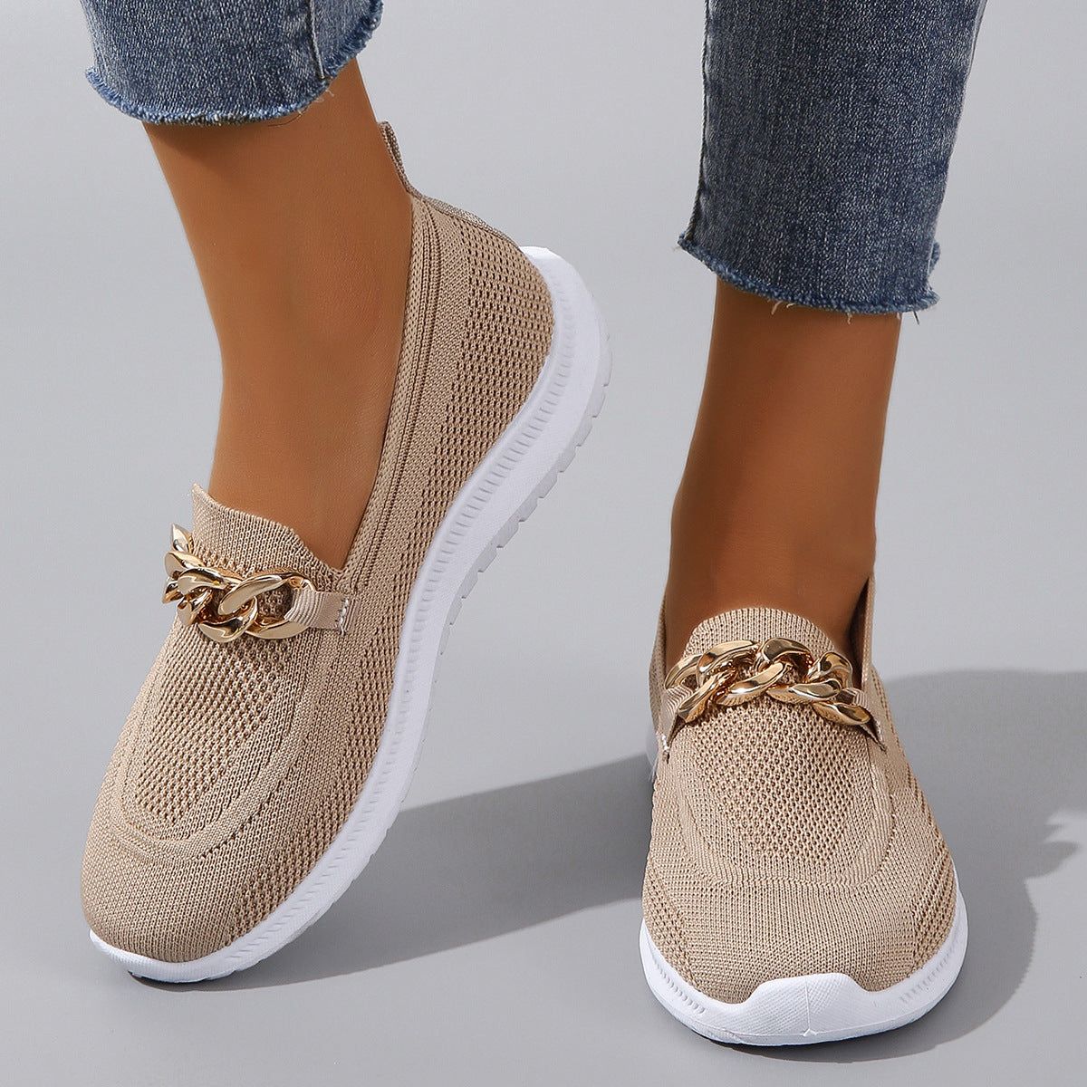 2023 summer new large size foreign trade women's shoes casual metal chain hollow breathable fly weaving lightweight sports shoes women