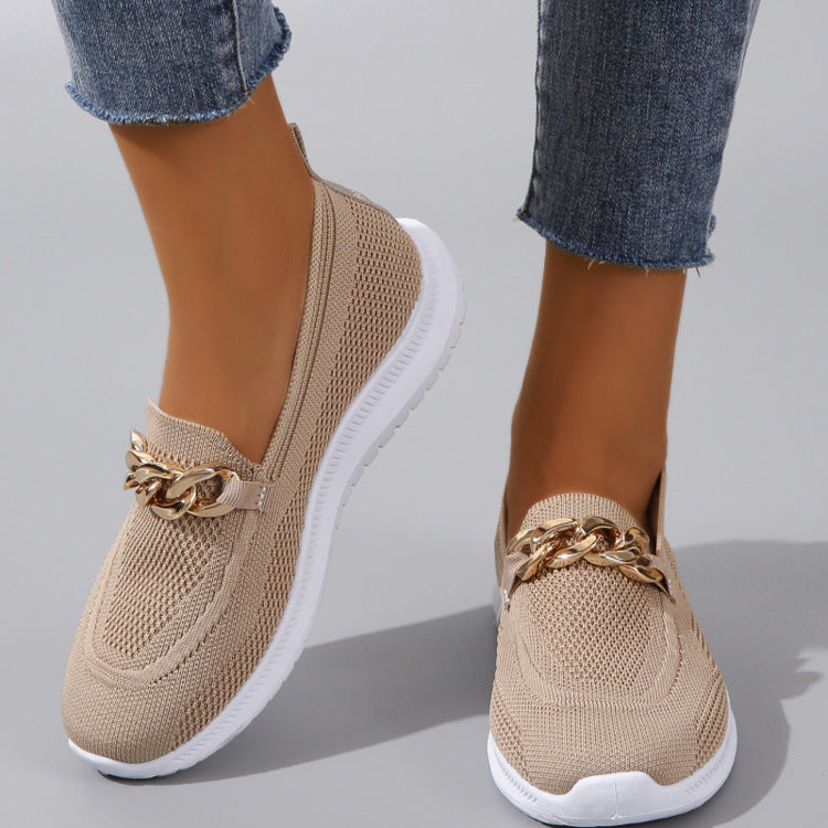 2023 summer new large size foreign trade women's shoes casual metal chain hollow breathable fly weaving lightweight sports shoes women