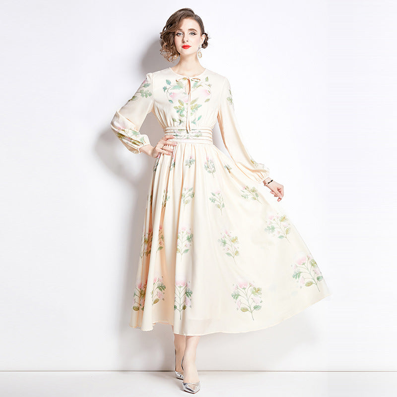 6693 real shot of spring and autumn new women's fashionable temperament slim long skirt retro printed long-sleeved dress