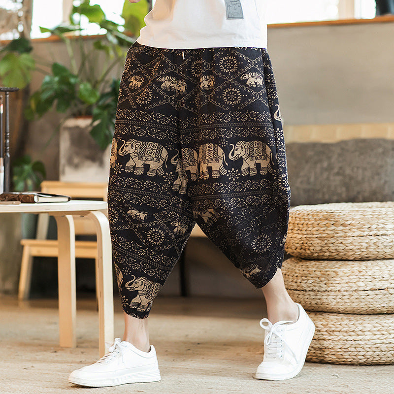 2023 summer Chinese style cotton and linen cropped pants men's ethnic style floral harem pants baggy pants large size beach pants