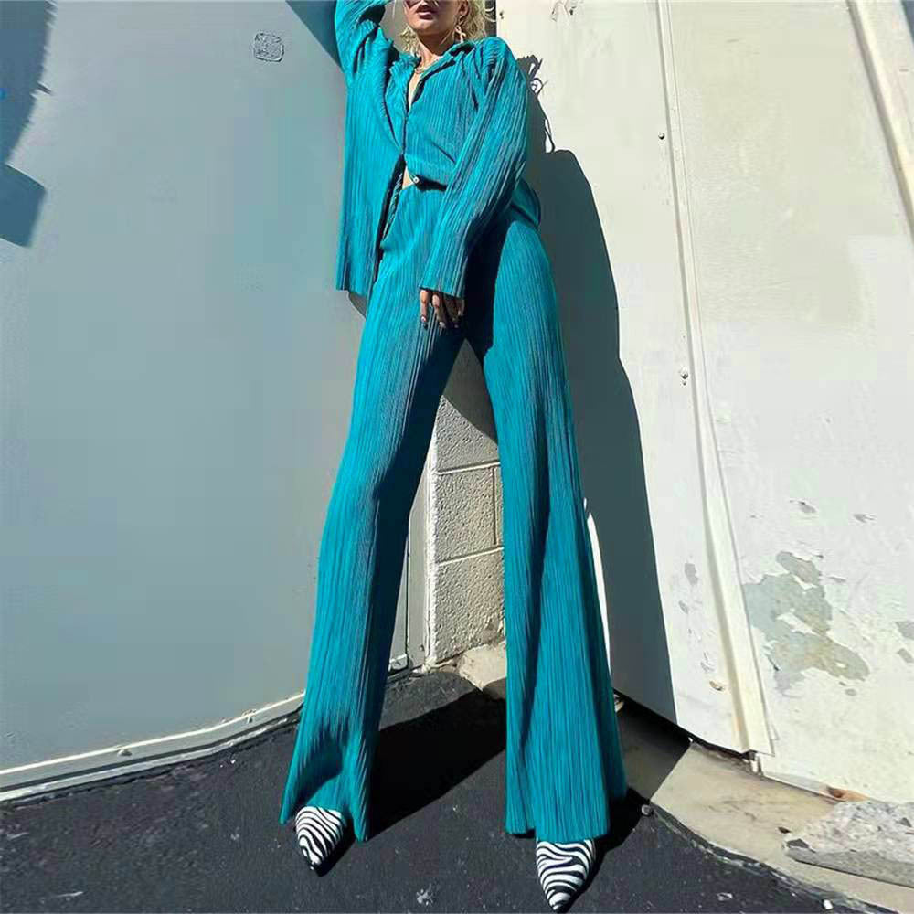 2024 Spring and Autumn Hot Sale European and American Women's Clothing Solid Color Drape Loose Smooth Pleated Casual Two-piece Sets Available Now