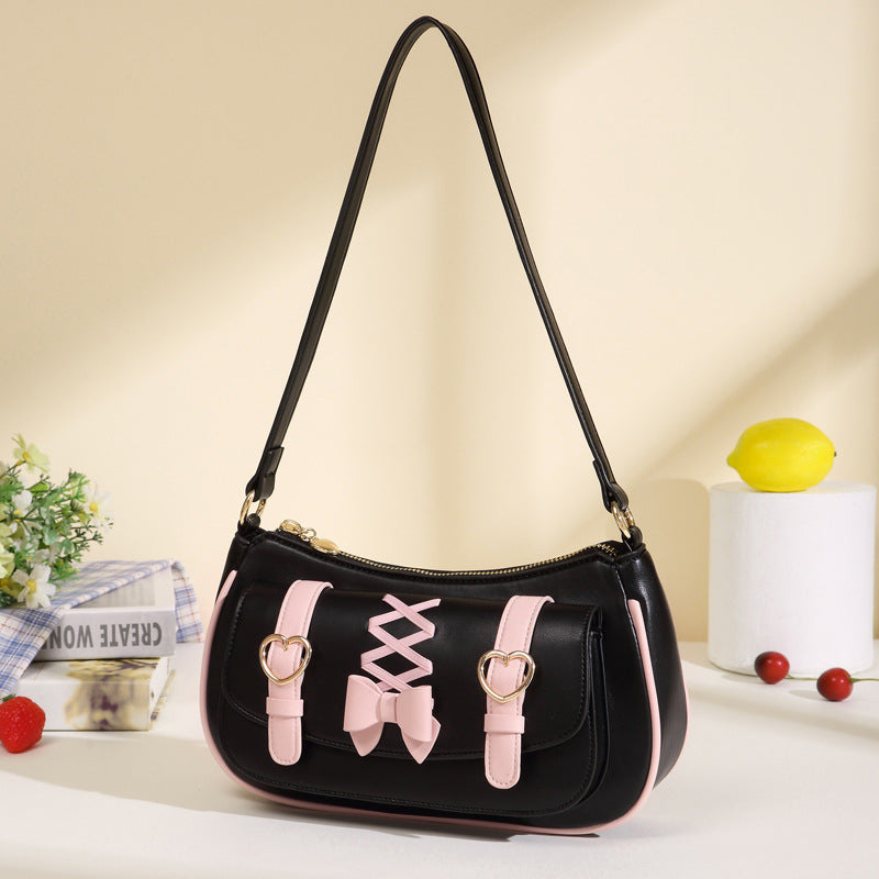 2023 new portable armpit bag baguette bag women's bag lolita bow sweet and cute lo bag small bag