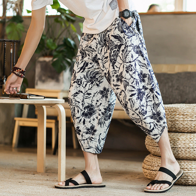 2023 summer Chinese style cotton and linen cropped pants men's ethnic style floral harem pants baggy pants large size beach pants